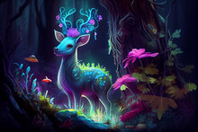 Roe Deer In A Fairy Illuminated Forest Illustration Generative AI
