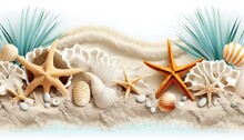 Summer Travel Background From Beach Sand With Starfish And Seashell. Top View.