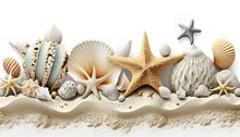Summer Travel Background From Beach Sand With Starfish And Seashell. Top View. Generative AI