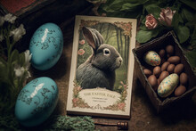 Customisable Text On Easter Holiday Card. Victorian Vintage Postcard With Easter Bunny Rabbit Hare With Chocolate Eggs, On A Wooden Table With Flowers. 