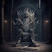 Medieval Iron Throne Of Kings Made Of Weapons: Swords, Daggers, Spears, Knives Blades. Misterious Low Key Middle Ages Fantasy Background Design Element. Dark Knights Game Concept. Clipping Path. 3D