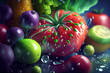 Nahaufnahme von frischem Obst und Gemüse mit Wasserperlen als Macro Fotografie Hintergrund Konzept