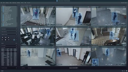 Playback CCTV cameras in office on computer screen. Surveillance interface with AI futuristic program and people recognition system. Security cameras. Concept of privacy, identification and tracking.