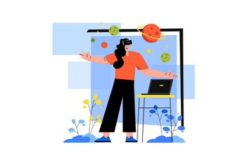 Aufkleber - Metaverse color concept with people scene in the flat cartoon style. Girl play the computer game on the cyber space using VR glasses and laptop.