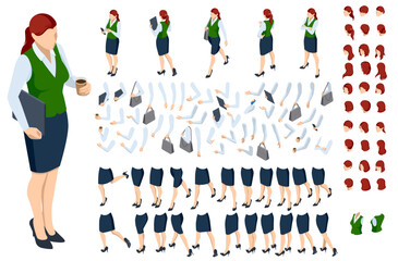 Isometric brown-haired woman character constructor. Front and back view. Various options for hairstyle, clothes, accessories and gadgets, legs, and arms moves.Businesswoman character design