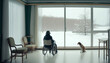Lonely elderly senior woman in a wheelchair with her dog in nursing home looking out the window, Generative AI
