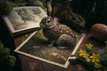 A Vintage Fluffy Easter Bunny Rabbit On Postcard With Flowers, Daffodils And Moss Grass, Wood Easter Egg On A Wooden Table. Generative Ai  