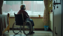 Lonely Elderly Senior Woman In A Wheelchair In Nursing Home Looking Out The Window, Generative AI