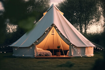 glamping. illuminated bell tent at night. glamping at night, glowing tent, nightlights