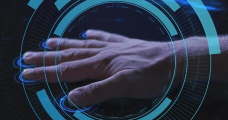 Poster - Animation of biometric hand check, scopes and data processing on dark background
