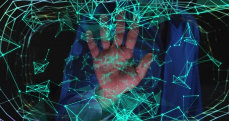 Poster - Animation of biometric hand check, connections and data processing on dark background