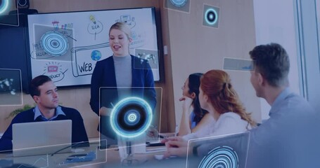 Poster - Animation of data processing and scopes scanning over business people