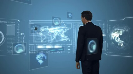 Poster - Animation of businessman, scopes and data processing on dark background