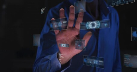 Poster - Animation of biometric hand check, scopes and data processing on dark background