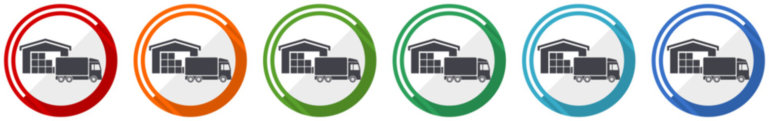 Fototapete - Warehouse and truck, delivery, freight concept icon set, flat design vector illustration in 6 colors options for webdesign and mobile applications