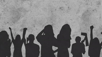 Poster - Animation of people silhouettes over shapes on grey background