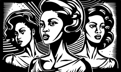 Beautiful and trendy black and white linocut pop art or colouring page of an african american women