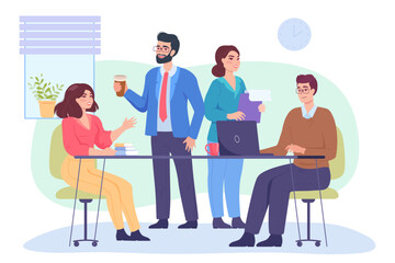 Canvas Print - Happy male and female employees discussing project in office. Company co-workers collaborating during meeting flat vector illustration. Business, teamwork or cooperation concept for banner