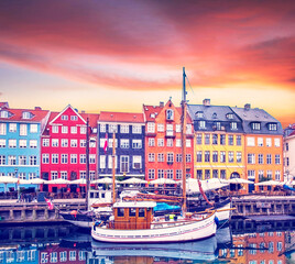 Wall Mural - magical fascinating landscape with boats in a famous nyhavn in the capital of denmark copenhagen. ex