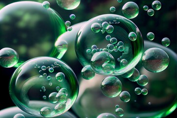 Wall Mural - Green soap bubbles floating in the air abstract background. Glossy and shiny surface. Green soap bubbles pattern. Decorative AI generated realistic horizontal interior poster.