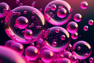 Wall Mural - Magenta soap bubbles floating in the air abstract background. Glossy and shiny surface. Magenta soap bubbles pattern. Decorative AI generated realistic horizontal interior poster.