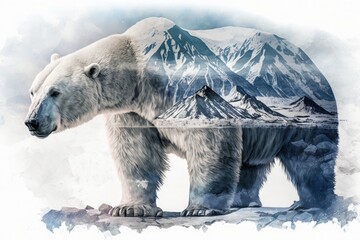 Double exposure of a polar bear in the Arctic and a frozen snow-covered mountain landscape. Generative AI illustration.