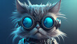 © ZAY WIN HTAI - Portrait of robotic mechanist persian cat with glasses in monochromatic blue color.