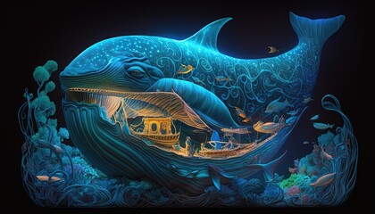 Blue transparent whale with a boat inside, symbolizing the story of Jonah and the whale from the Bible.