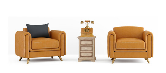 Wall Mural - Vintage leather armchairs with classic phone