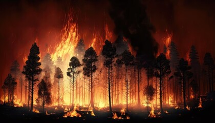 Wall Mural - Forest fire with trees on fire. Generative AI