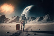 Ilustración de un astronauta caminando con una maleta sobre un planeta desierto con  una luna de fonddo. Concepto supervivencia de la especie humana. Generative AI