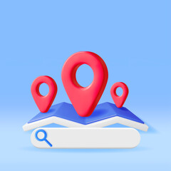 Poster - 3D Location Folded Paper Map with Magnifying Glass Isolated. Blue GPS Map and Search Loupe Icon. GPS and Navigation Symbol. Element for Map, Social Media, Mobile Apps. Realistic Vector Illustration