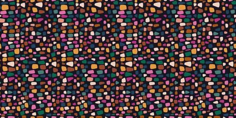 Poster - Small colored pebbles. Black background, seamless pattern. Vector print seamless for interior, clothes, notebooks, pillows, design.