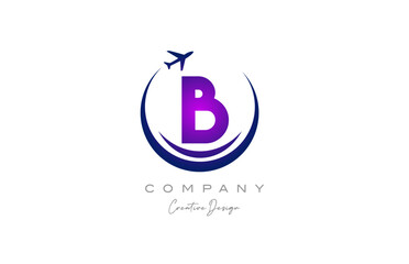 Wall Mural - B alphabet letter logo with plane for a travel or booking agency in purple. Corporate creative template design for company and business