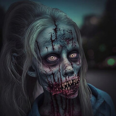 Wall Mural - Female zombie with bloody face. Created using ai generative. 