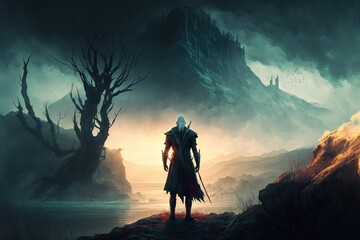 A warrior standing in front of a river and a huge epic misty mountain in the distance, generative ai