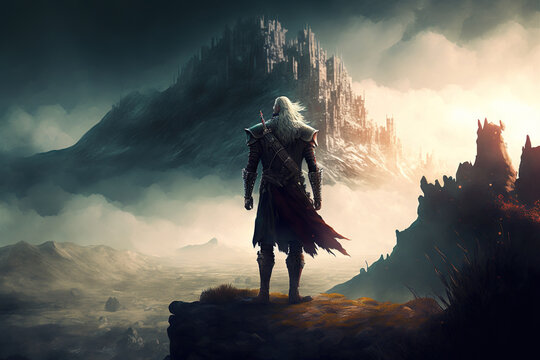 A warrior stands in front of an epic foggy landscape with a huge mountain castle in the background, generative ai