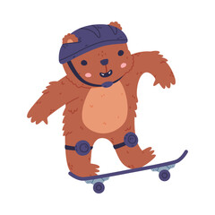 Canvas Print - Cute baby bear riding skateboard. Funny wild forest brown animal character cartoon vector illustration