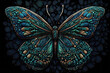 Colorful mosaic butterfly on blue abstract background (made with generative AI)