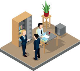 Poster - Isometric office scene. Working room interior with people