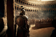 A Nostalgic Image Of A Day In The Roman Empire, Gladiators In The Colosseum, AI Generative