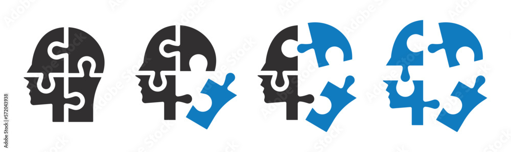 Set of human heads with puzzles icons. Puzzle human face, mental health ...