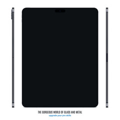 Poster - new frameless tablet grey color with black touch screen saver front and side view isolated on white background. mockup of realistic and detailed device with shadow. vector illustration