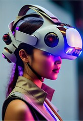 Wall Mural - Portrait of a sci-fi cyberpunk girl. High-tech futuristic woman from the future. The concept of virtual reality and cyberpunk. Generative AI Art.