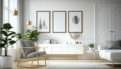 3 mock up poster frames  ina  modern interior background living room. White wall and gray modern chair with plants. Generative AI