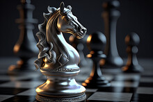 A White Chess Piece Of A Horse On A Background Of Black Chess Pieces,  Generated AI