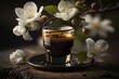 Artistic beautiful romance two cups of espresso coffee serve with cherry blossom flower branch, spring season and national spring festival theme drink, Generative Ai