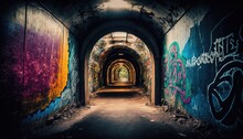 Long Way Brick Wall Tunnel To Light, Wall That Was Painted With Graffiti Art Style, Generative Ai	