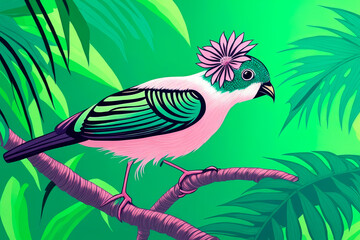 Wall Mural - Paradise bird, tropical exotic jungle plants leaves flowers abstract pastel color. Generative AI