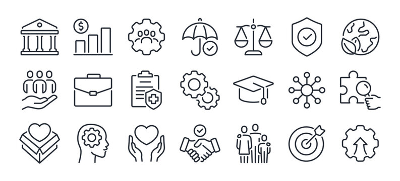 social policy editable stroke outline icons set isolated on white background flat vector illustratio